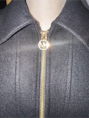 Michael Kors Black Wool-Blend Zip Front Pea Coat with Gold Hardware